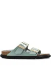 Birkenstock Contoured Leather Sandals With Adjustable Metallic Buckles In Green