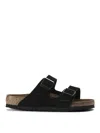 Birkenstock Round Toe Suede Leather Sandals With Logo Buckle In Black