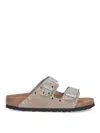 Birkenstock Arizona Rivet Border Taupe Suede Two Bar Mules In Beige