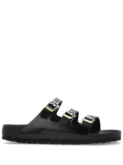 BIRKENSTOCK BIRKENSTOCK 'FLORIDA' BLACK LEATHER SLIPPERS