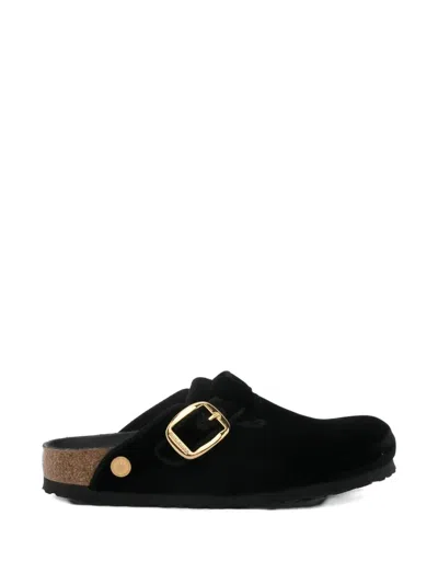 Birkenstock Boston Big Buckle Velvet Sandals In Black