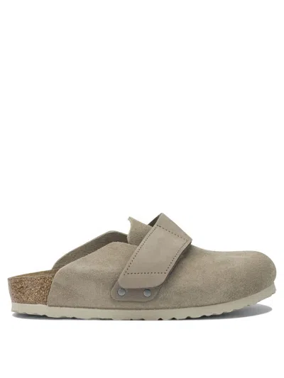 Birkenstock Soft Suede Mules With Velcro Strap In Gray