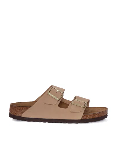 Birkenstock Sandcastle Arizona Nubuck Leather Slide Sandal In Brown