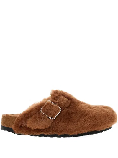 Birkenstock Shearling Buckle Strap Mules In Brown