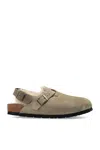 Birkenstock Tokio Shearling Buckled Suede Clogs In Beige
