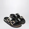 Birkenstock Slide Arizona Droplet Buckle In Black Patent Leather In Animal Print