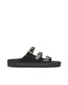 Birkenstock Arizona Sandalwood In Black Patent Leather With Three Buckles In Black