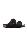 Birkenstock Arizona Shearling Slides With Large Buckle In Black