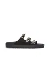 Birkenstock Arizona Sandalwood In Black Patent Leather With Three Buckles In Black