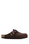 Birkenstock Leather Buckle Detail Slippers With Open Back In Brown