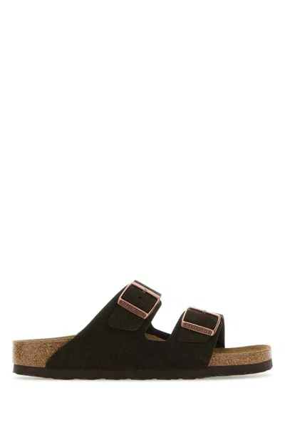 Birkenstock Arizona Slippers In Dark Suede In Mocha