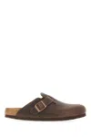 Birkenstock Leather Buckle Detail Slippers With Open Back In Brown
