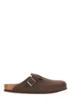 Birkenstock Leather Buckle Detail Slippers With Open Back In Brown