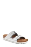 Birkenstock Arizona Soft Footbed Natural Leather Slide In Metallic Silver In Metallic Silver Leather