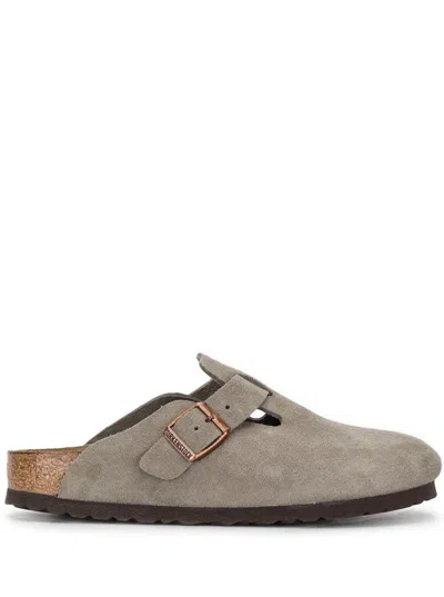 Birkenstock Suede Boston Flat Mule With Gancini Hook Buckle And Round Toe In Beige