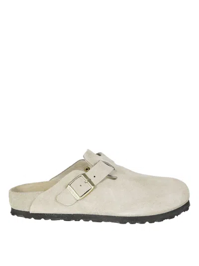 Birkenstock Suede Boston Metallic Buckle Loafers In White
