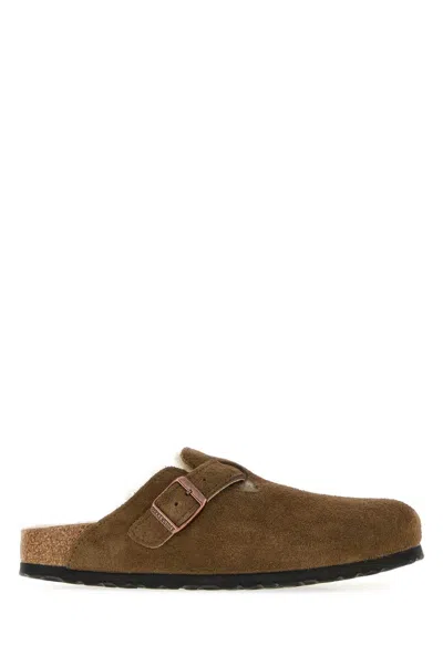 Birkenstock Suede Boston Shearling Slippers In Brown