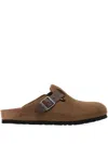 Birkenstock Suede Buckle Clogs In Brown
