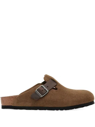 Birkenstock Suede Buckle Clogs In Brown