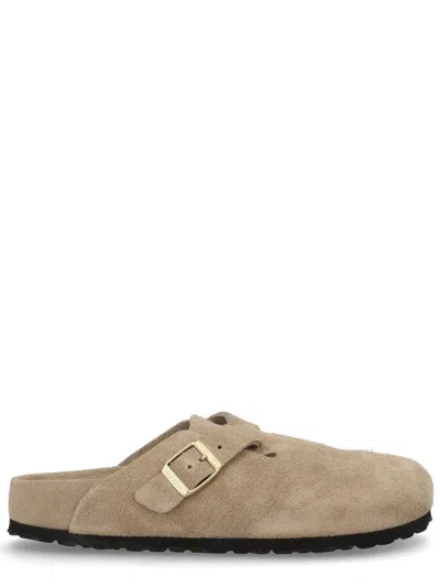 Birkenstock Suede Clog Mule With Buckle Strap In Gray