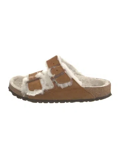 Pre-owned Birkenstock Suede Faux Fur Trim Slides In Brown