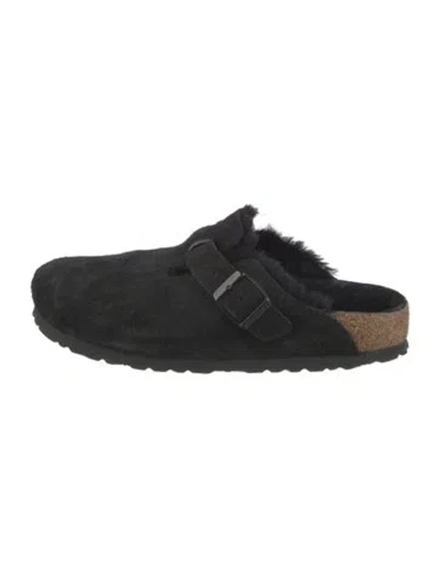 Pre-owned Birkenstock Suede Fur Trim Mules In Black