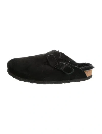 Pre-owned Birkenstock Suede Fur Trim Mules In Black