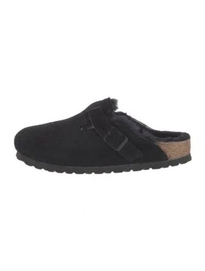 Pre-owned Birkenstock Suede Fur Trim Mules In Black