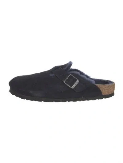 Pre-owned Birkenstock Suede Fur Trim Mules In Blue