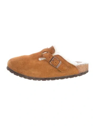 Pre-owned Birkenstock Suede Fur Trim Mules In Brown