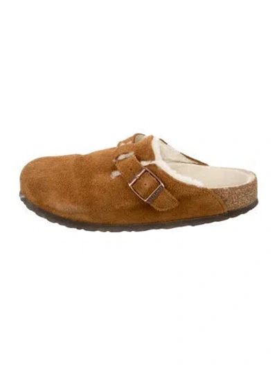 Pre-owned Birkenstock Suede Fur Trim Mules In Brown