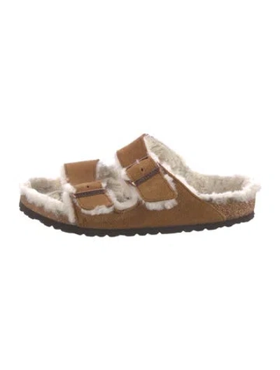 Pre-owned Birkenstock Suede Fur Trim Mules In Neutral