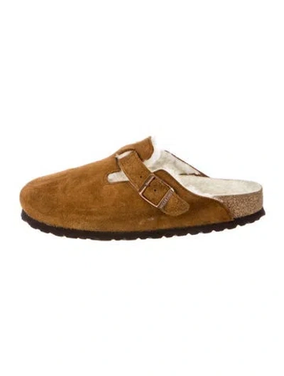 Pre-owned Birkenstock Suede Fur Trim Mules In Neutral