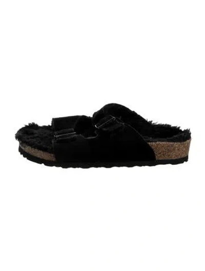 Pre-owned Birkenstock Suede Fur Trim Slides In Black