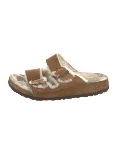 Pre-owned Birkenstock Suede Fur Trim Slides In Brown/neutrals