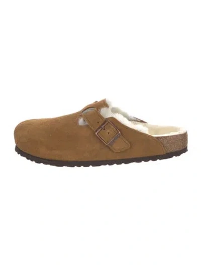 Pre-owned Birkenstock Suede Fur Trim Slippers In Brown