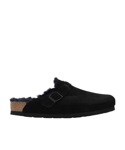 Birkenstock Suede Leather Emblem Buckle Slippers In Black