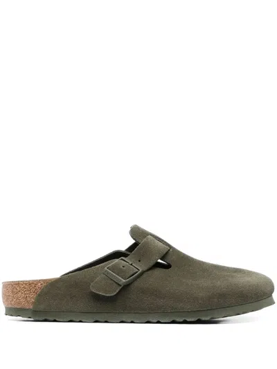 Birkenstock Suede Leather Slip-on Slippers In Olive