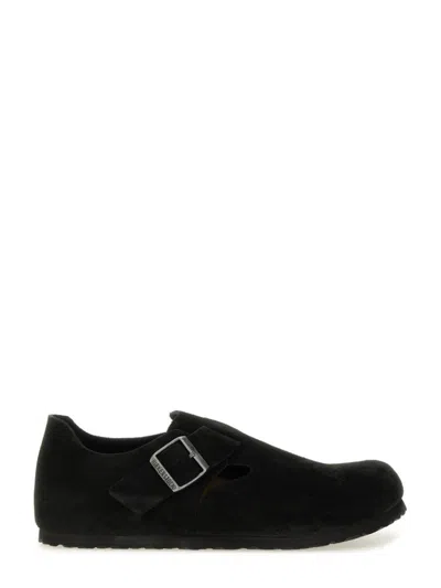 Birkenstock Suede Slip-on Sabot With Adjustable Buckle Strap In Black