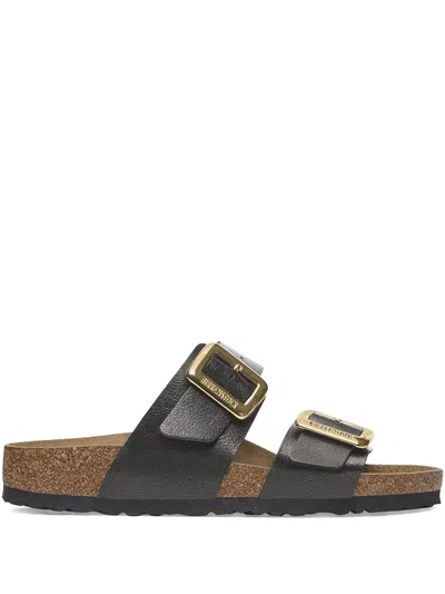 Birkenstock Sydney Cushion Big Buckle Womens Birko-flor Patent Sandals In Black