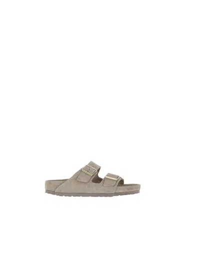 Birkenstock Taupe Arizona Suede Leather Slide Sandal In Gray