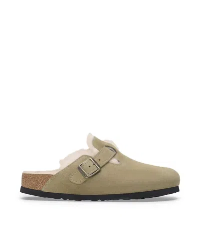 Birkenstock Taupe Boston Shearling Suede Slippers In Green
