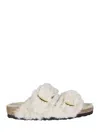 Birkenstock Teddy Fur Arizona Slippers With Gold Buckles In White