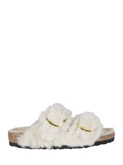 Birkenstock Teddy Fur Arizona Slippers With Gold Buckles In White
