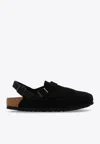 Birkenstock Buckle Cork Open Suede Mules In Black