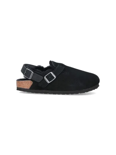 BIRKENSTOCK TOKIO FUR MULES IN BLACK SUEDE