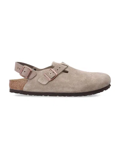 Birkenstock Closed-toe Sandals With Adjustable Strap And Cork Footbed In Gray