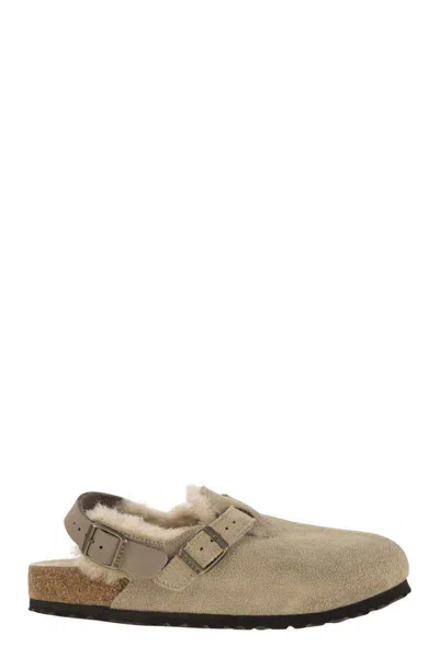 Birkenstock Tokio Shearling - Suede And Lambskin Slippers In Neutral