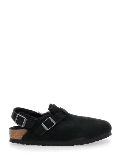 BIRKENSTOCK 'TOKIO' BLACK MULES WITH ENGRAVED LOGO IN SUEDE AND SHEARLING WOMAN