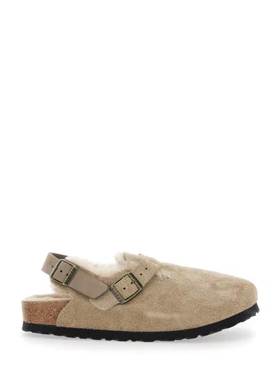 BIRKENSTOCK 'TOKIO' BEIGE MULES WITH ENGRAVED LOGO IN SUEDE AND SHEARLING WOMAN
